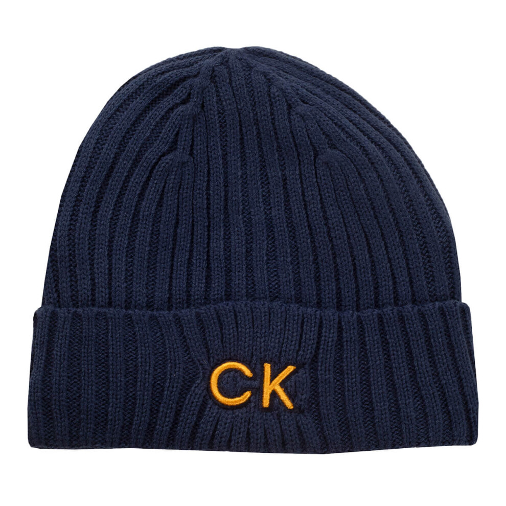 (One Size, Engine Blue) Calvin Klein Mens Ribbed Knit Hem Fleece Lined HD Embroidered Beanie Hat