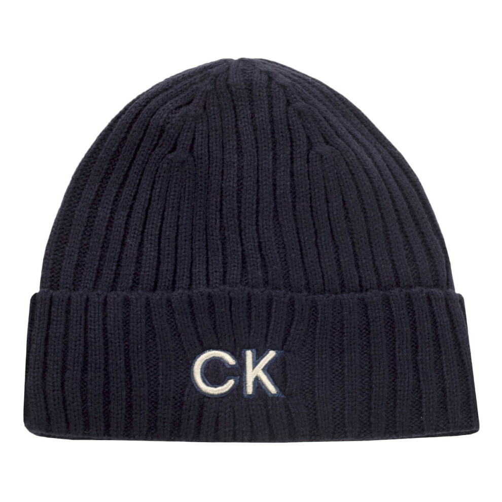 (One Size, Evening Blue) Calvin Klein Mens Ribbed Knit Hem Fleece Lined HD Embroidered Beanie Hat