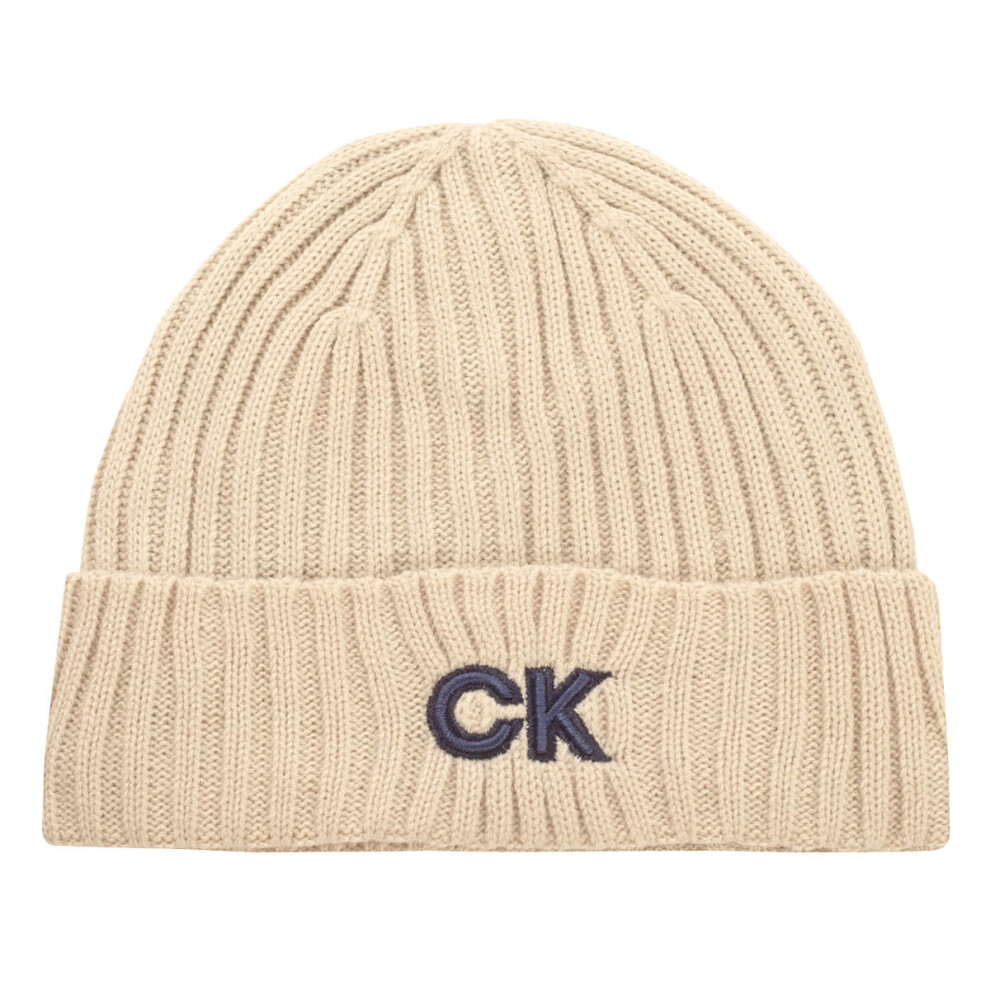 (One Size, Sand) Calvin Klein Mens Ribbed Knit Hem Fleece Lined HD Embroidered Beanie Hat