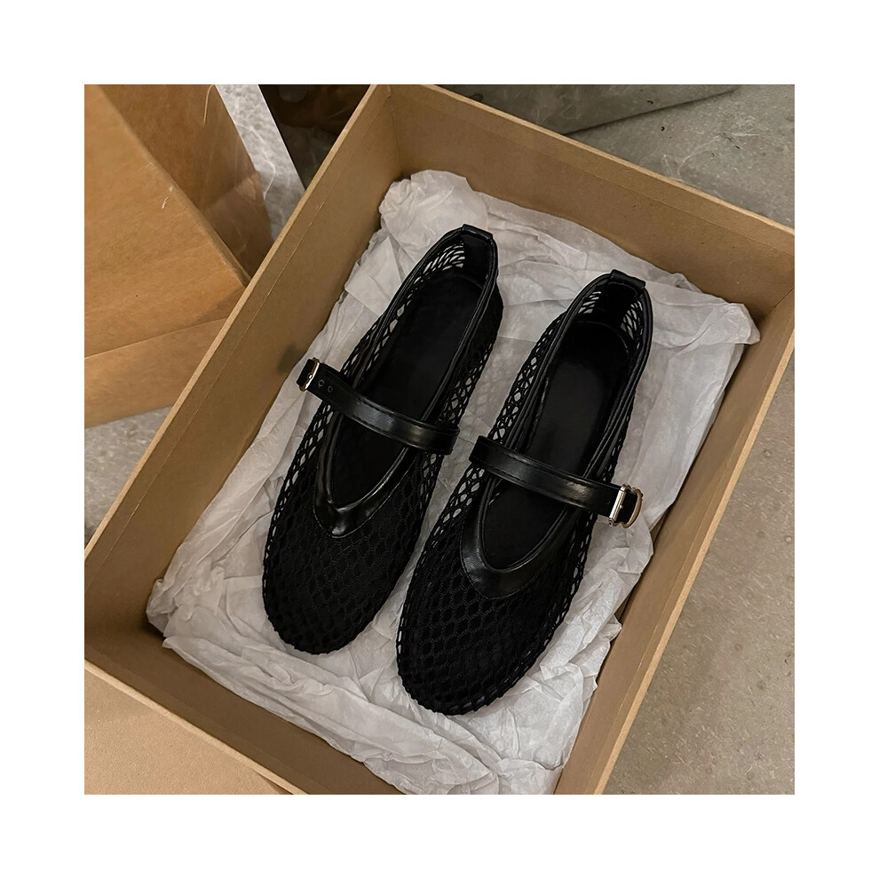 (black, 36) In Summer, Wear Round Toe, Straight Buckles, Casual and Comfortable, Women's Flats, Cut-out Mary Jane Single Shoes,fishnet Shoes