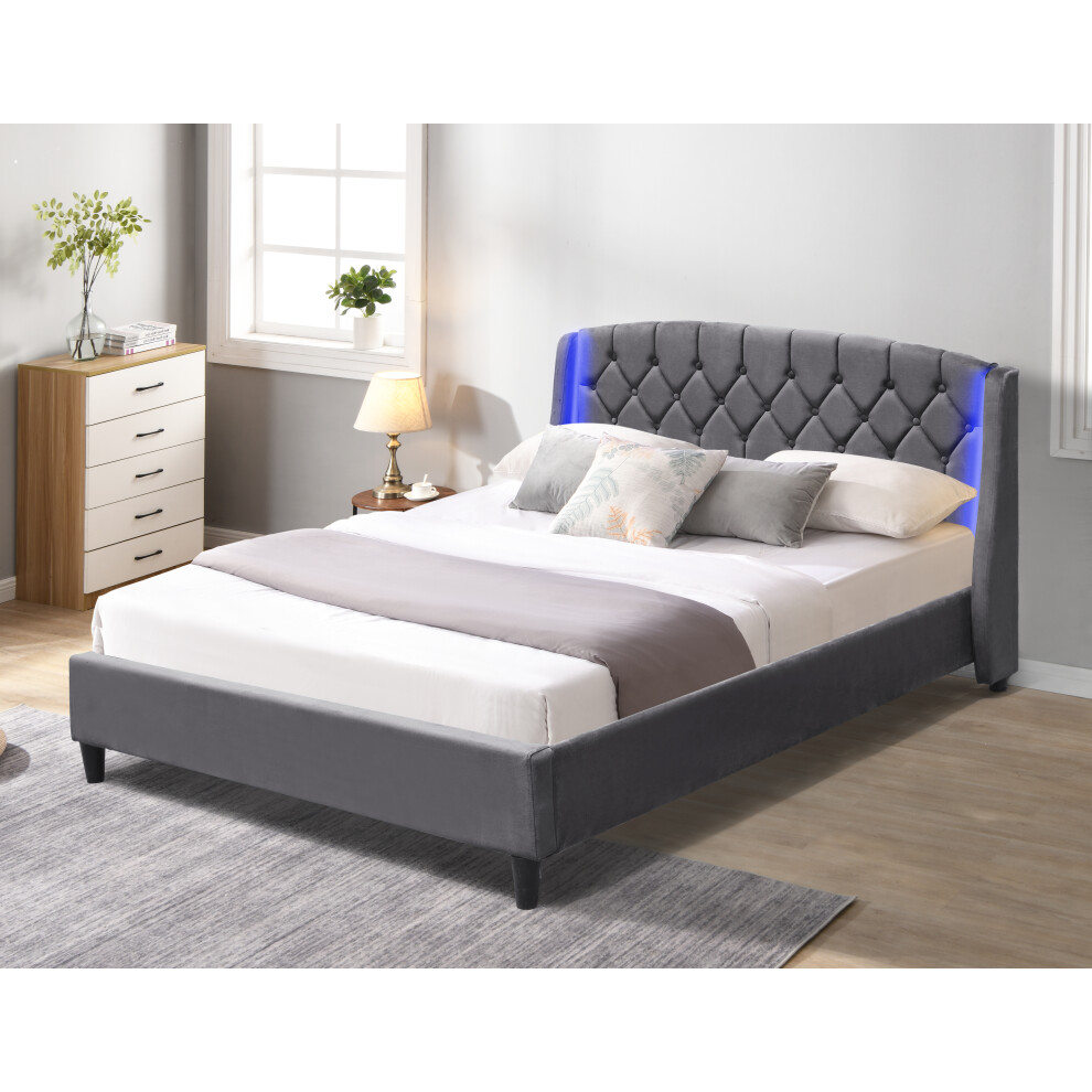 (4ft6 Double, No Mattress) Fabric Bedframe With LED Headboard In Grey