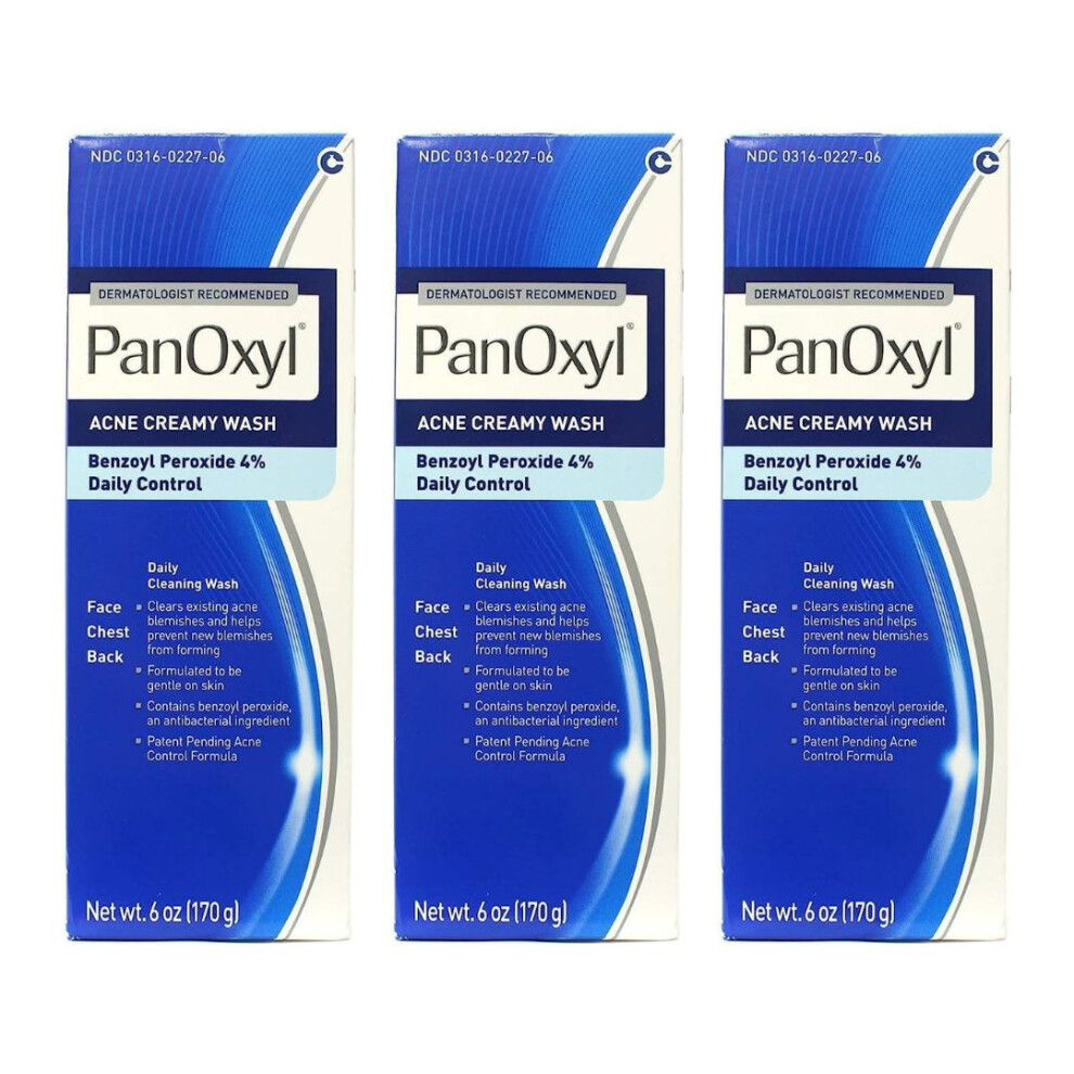 PanOxyl Creamy Acne Wash with 4% Benzoyl Peroxide Reduces Blemishes & Exfoliates Skin Cells 170g (Pack of 3) | Daily Cleaning Facial Wash & Cleanser