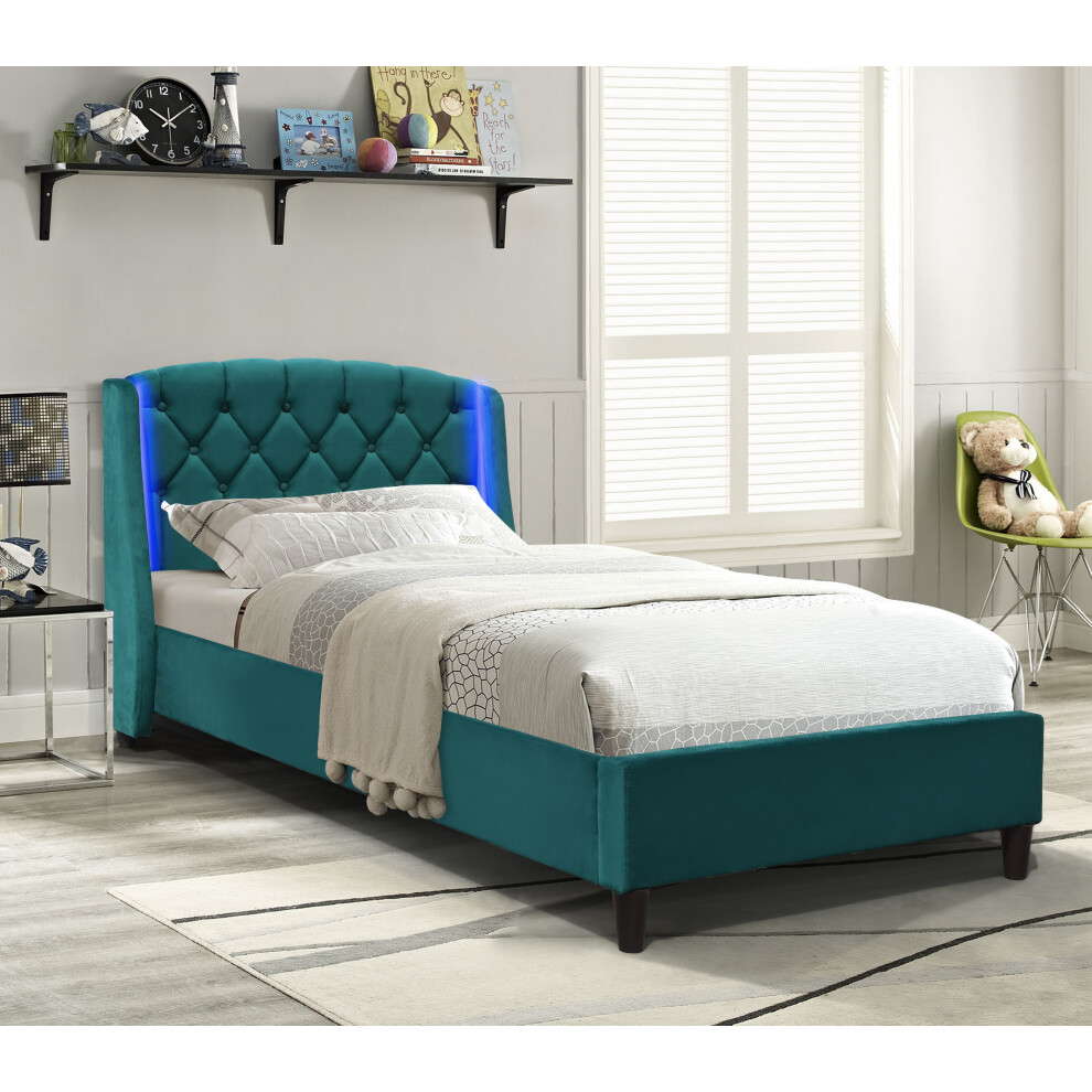 (3ft Single, With Tanya Mattress) Fabric Bedframe With LED Headboard In Green