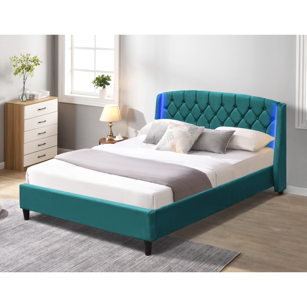 (4ft6 Double, No Mattress) Fabric Bedframe With LED Headboard In Green