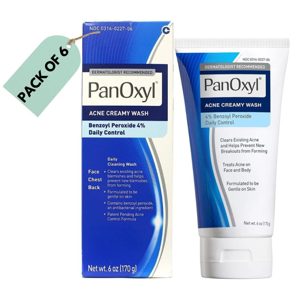 PanOxyl Acne Creamy Wash 4% Benzoyl Peroxide 170g (Pack of 6) | Acne Treatment Face Wash & Cleanser | Reduce Pimples & Scars