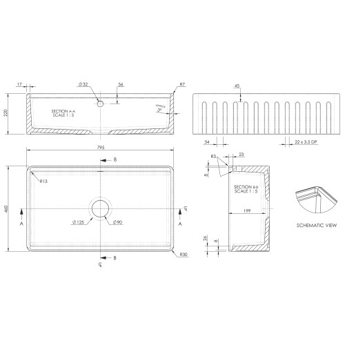 Balterley Fireclay 1 Bowl Kitchen Sink with Ledge, Overflow, Work Station & Grid 795mm 2