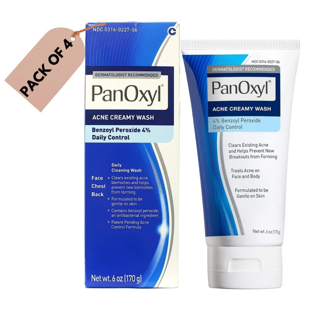 PanOxyl Acne Creamy Wash 4% Benzoyl Peroxide Daily Control 170g Pack of 4 |Cleanser Face, Chest & Back | Killing Acne Bacteria | Anti-Acne Face Wash