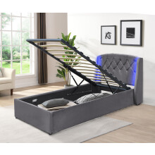(3ft Single, With Tanya Mattress) Fabric Gas Lift Bedframe LED Headboard In Grey