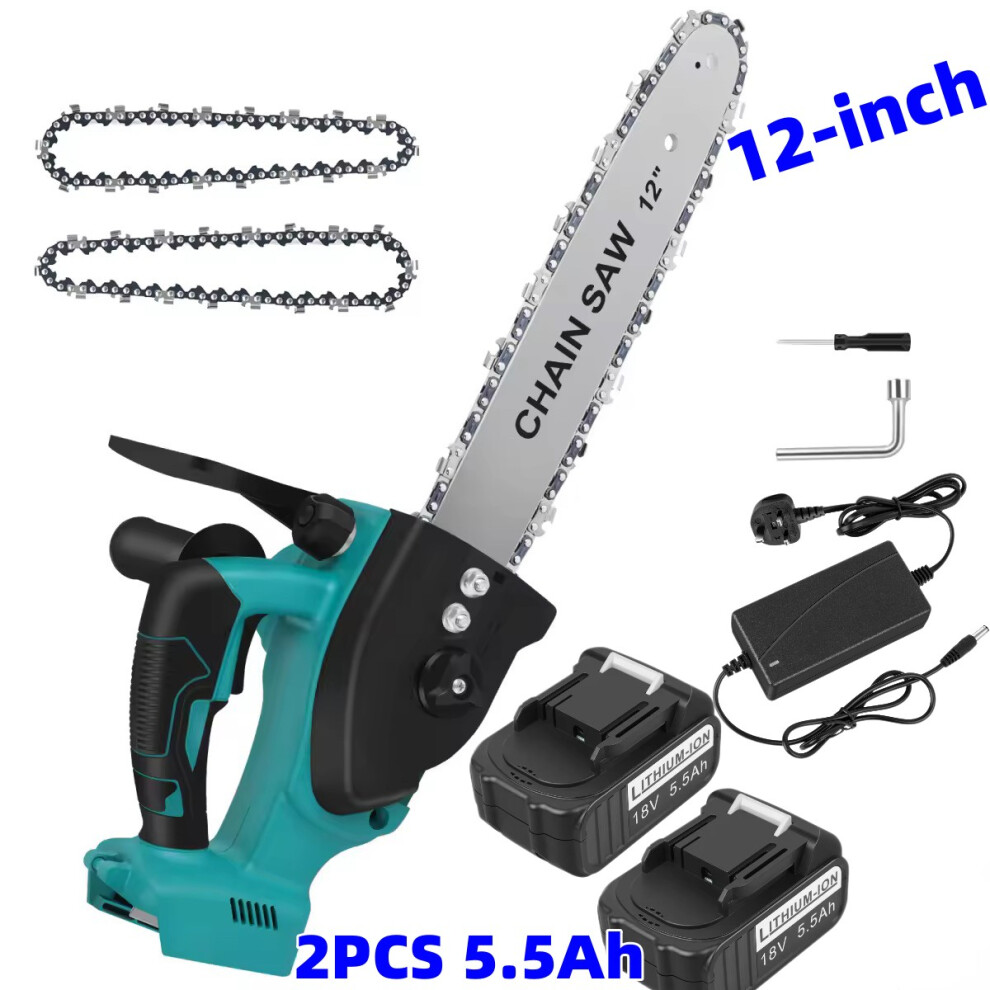 Mini Cordless Electric Chainsaw +2 x 5.5Ah Battery +Charger with 12 inch Guide Plate+2 x  Chains for Tree Trimming & Wood Cutting