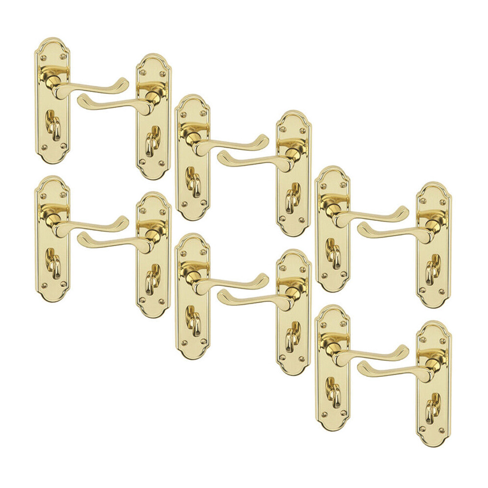 (6x Polished Brass Bathroom) Ashworth Metal Lever Latch Door Handles Set