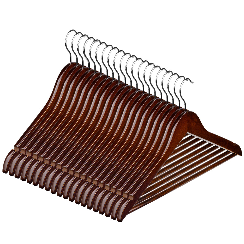 (Dark Brown) Slim Wooden Coat Hangers & Trouser Bar 20 Pack