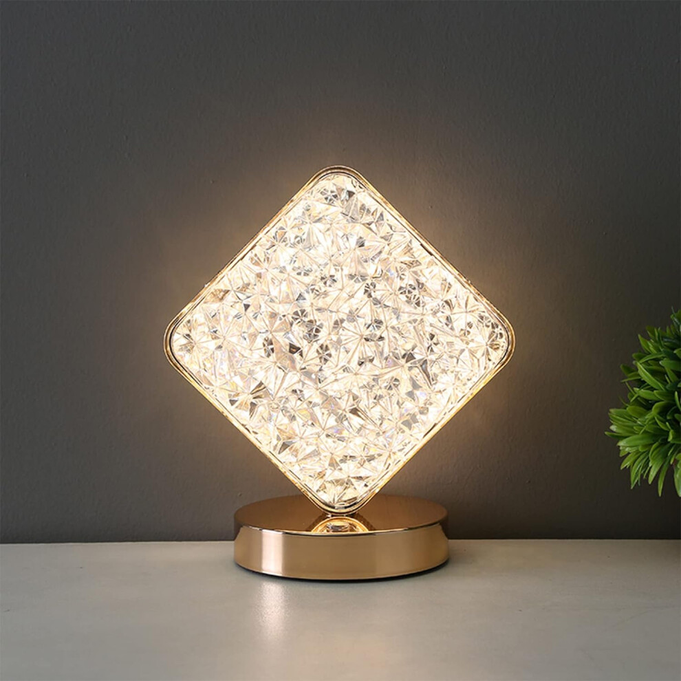 Cordless Acrylic Crystal Table Lamp Touch Control Dimmable Rhombus Shaped Night Light USB Rechargeable with 3 Colour Temperature for Bedroom Living Ro