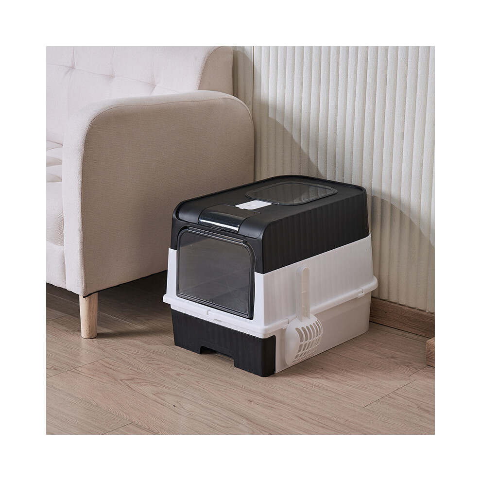Double Entrance Fully Surrounded Cat Litter Box Anti-Splashing Cat Potty Tray Self Cleaning Cat Litter Drawer Pan Large Black
