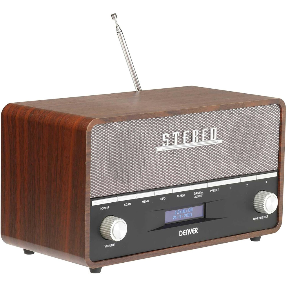 (Dark Wood) Vintage Style DAB+ FM, Bluetooth, AUX In, Clock, Wood Cabinet, Mains or Battery Denver