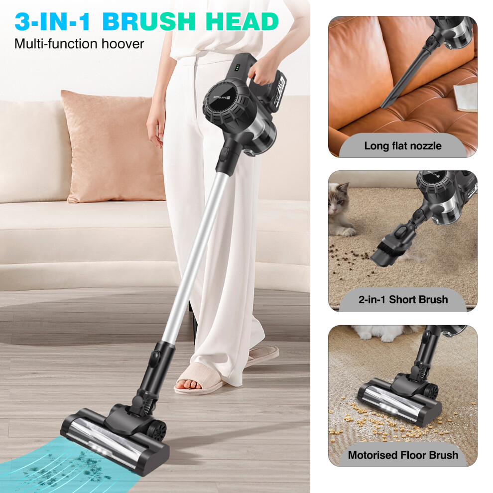 (with 2 Batteries) Cordless Vacuum Cleaner, 140W 15000pa Stick Vacuum Up to 65 Mins Runtime, LED Lightweight Vacuums for Hardwood Floor Carpet Car Pet