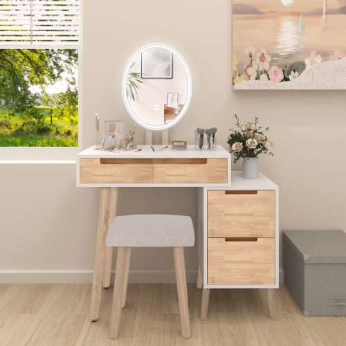 ELECWISH LED Lighted Dressing Table Stool Set 2 Drawer Desk with Side Cabiniet 1