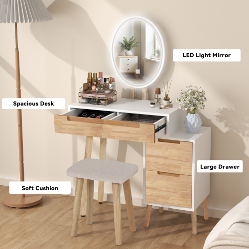 ELECWISH LED Lighted Dressing Table Stool Set 2 Drawer Desk with Side Cabiniet 2