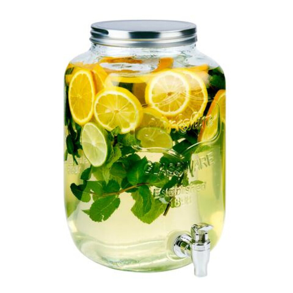 (8L - Silver) Glass Beverage Drinks Dispenser with Tap Screw Lid Cocktail Juice Party Large