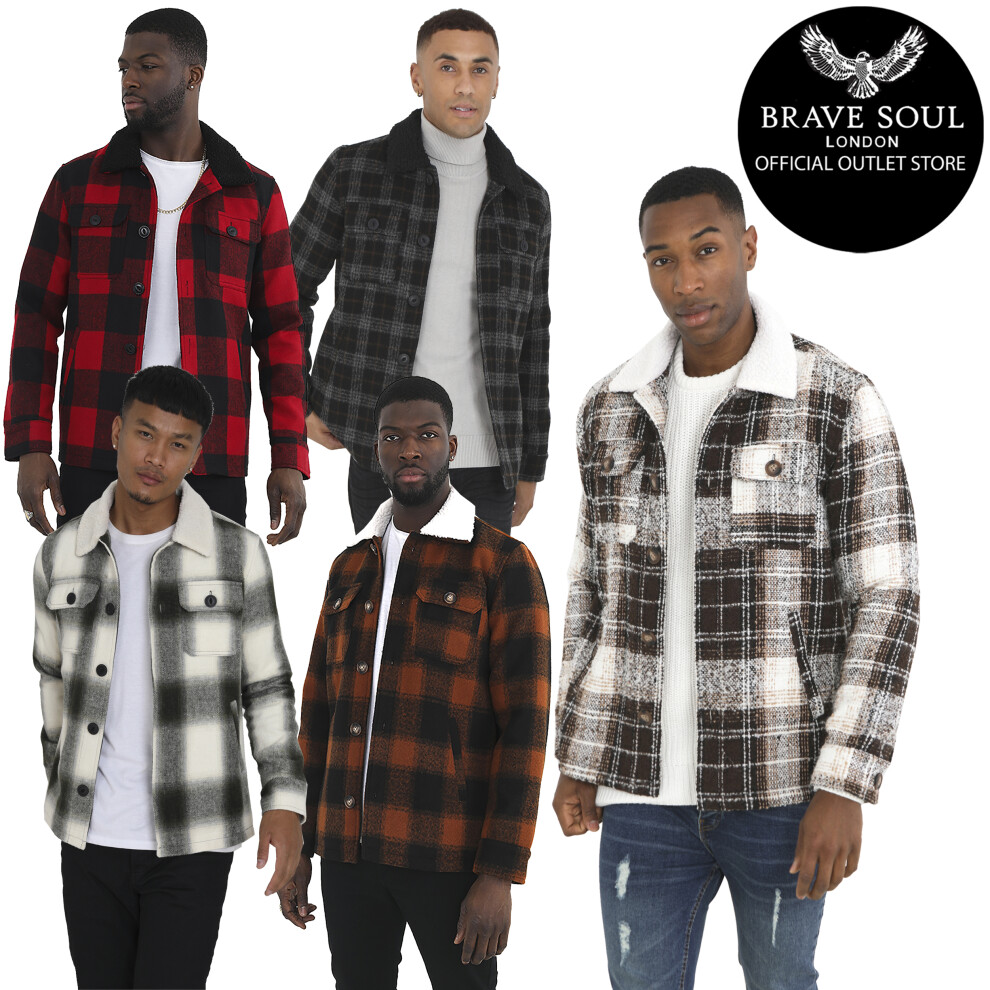 (Green, Mens Lumberjack Check Jacket - Augustus, M) Mens Brave Soul Buttoned Lumberjack Heavy Jacket