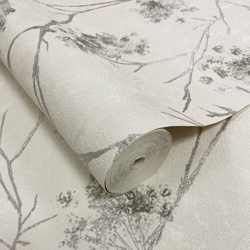 Fine Decor Vymura Sofia Sprig Silver Wallpaper M95673 1