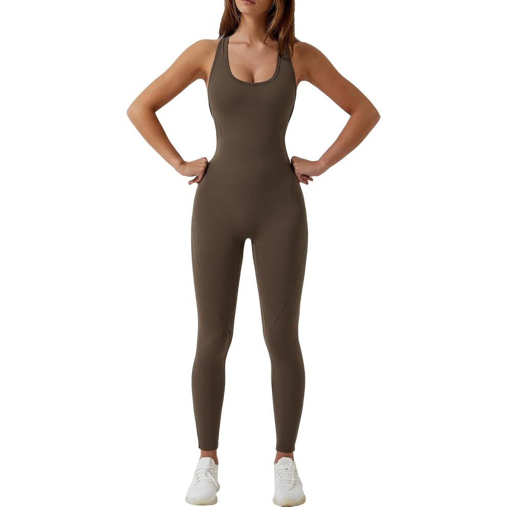 (XL, Coffee) One Piece Workout Jumpsuits for Women Full Body Seamless Yoga Romper Sleeveless Tummy Control Bodysuit-image-OPC-PF8VSGH-NEW