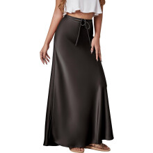 (S, Black) Silk Skirt for Women High Waisted A Line Satin Skirts Elegant Midi Bodycon Skirt