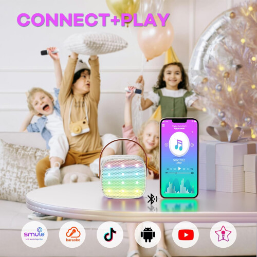 Chronus Mini Karaoke Machine-Bluetooth Speaker,2 Wireless Microphones-White 2