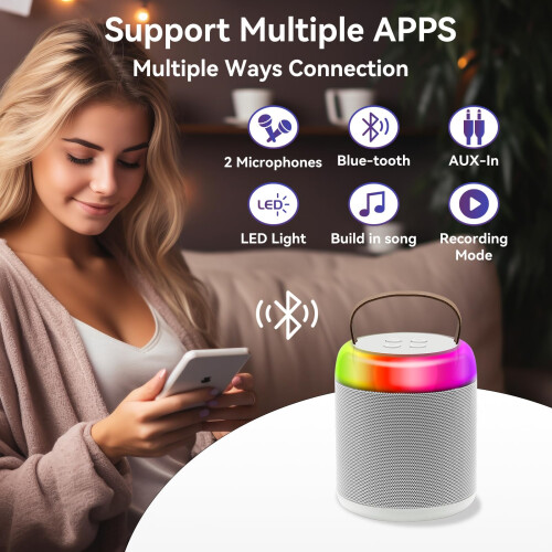 Chronus CHRONUS Mini Karaoke Machine, Portable Bluetooth, 2 Wireless Mics, Home/Party, White 2