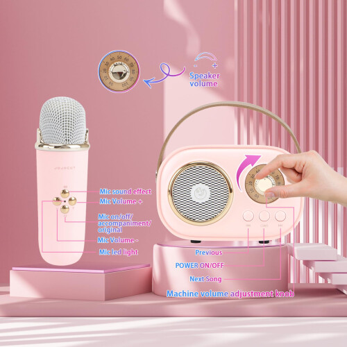 Chronus Mini Karaoke Machine, Portable Bluetooth, 2 Wireless Mics, Home/Party, Pink 2