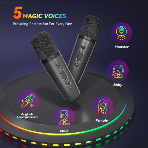 Kids/Adults Bluetooth Karaoke Mic,2 Wireless Mics,Portable Speaker,Black 1