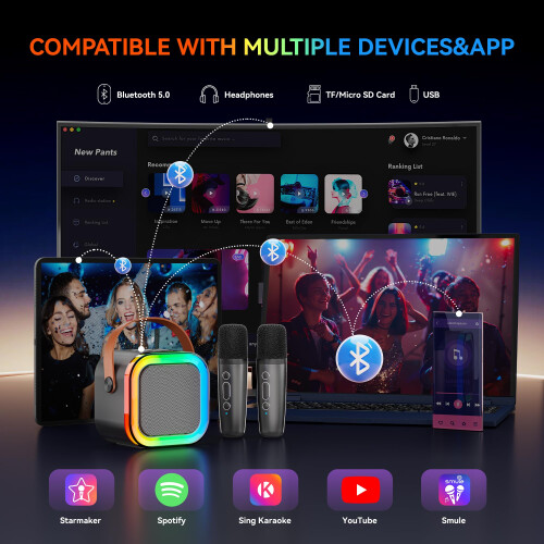 Kids/Adults Bluetooth Karaoke Mic,2 Wireless Mics,Portable Speaker,Black 2