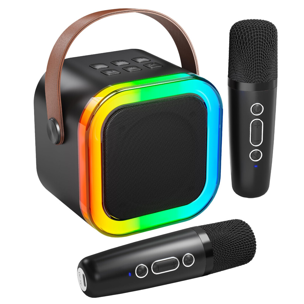 Kids/Adults Bluetooth Karaoke Mic,2 Wireless Mics,Portable Speaker,Black