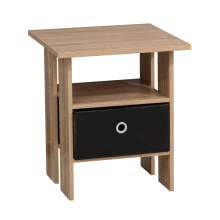 Side Table with Black Basket in Oak Finish Nightstand Bedside Table