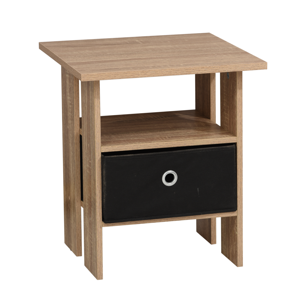 Side Table with Black Basket in Oak Finish Nightstand Bedside Table