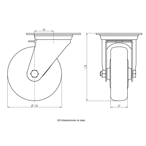 Parnells Roda giratória de 100 mm em aço inoxidável com termoplástico cinzento condutor de eletricidade 1