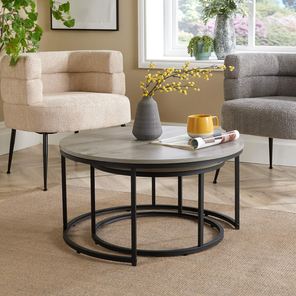 Home Source Oakmere Industrial Round Nest of 2 Tables Set - Grey