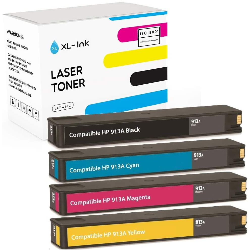 Encre XL compatible avec HP 913A Pack de 4 (CMYK : HP L0R95AE, F6T77AE, F6T78AE, F6T79AE. Capacité : 4 x 3 000 pages)