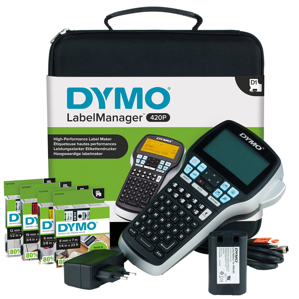 DYMO LabelManager 420P High Performance Rechargeable Portable Label Maker Kit, ABC Keyboard with 4 Rolls of D1 Labels & Carrying Case