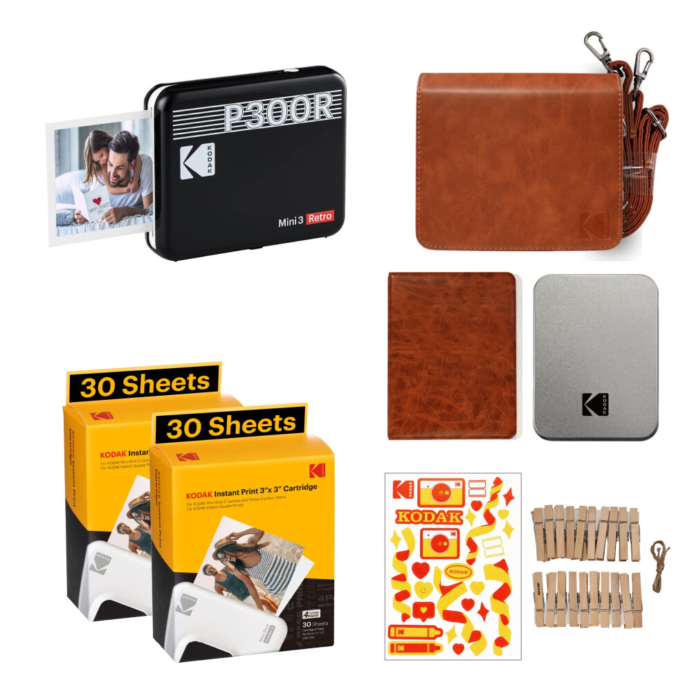 KODAK Mini 3 Retro 4PASS Portable Photo Printer (3x3) Initial 8 Sheets + 60 Sheet Pack, Gift Bundle, Black