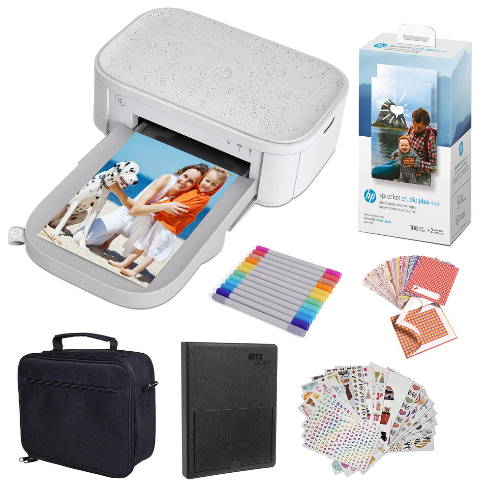 HP Sprocket Studio Plus 4x6â Instant Photo Printer â Bundle: Printer, Photo Album, Markers, Photo Paper, and Stickers.