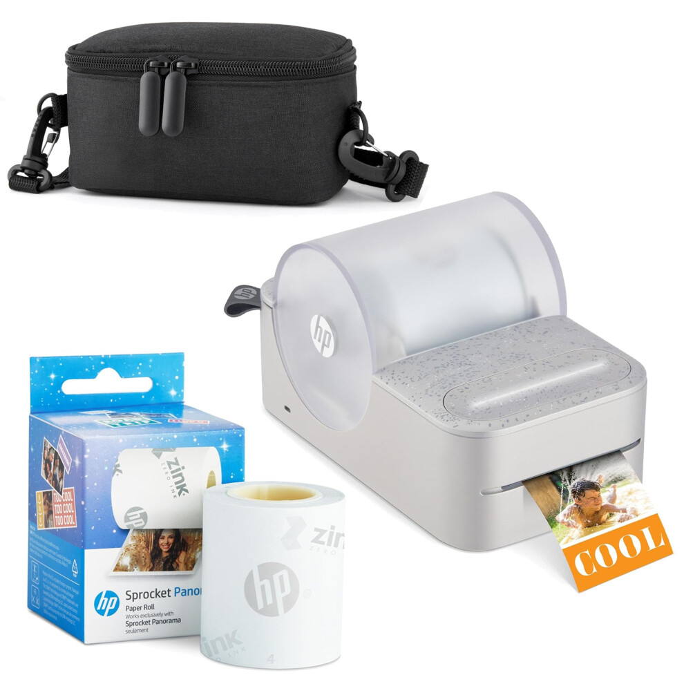 HP Sprocket Panorama Instant Portable Color Label & Photo Printer (Grey) Starter Bundle with case Zink roll