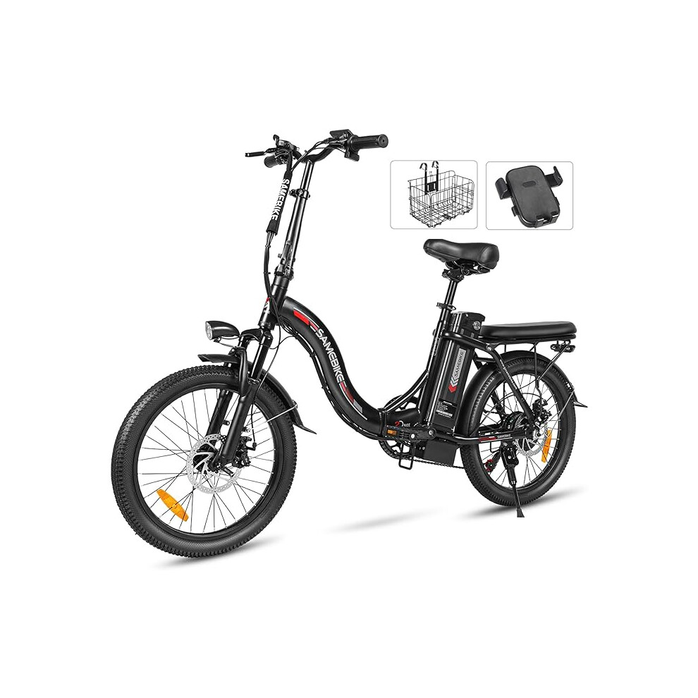 (Black) SAMEBIKE Electric Bike CY20 For Adults, 36V 12AH Battery, City Commuting Motor Ebike Electric Bicycle 20 inches with Basket, Phone Holder, 7 S