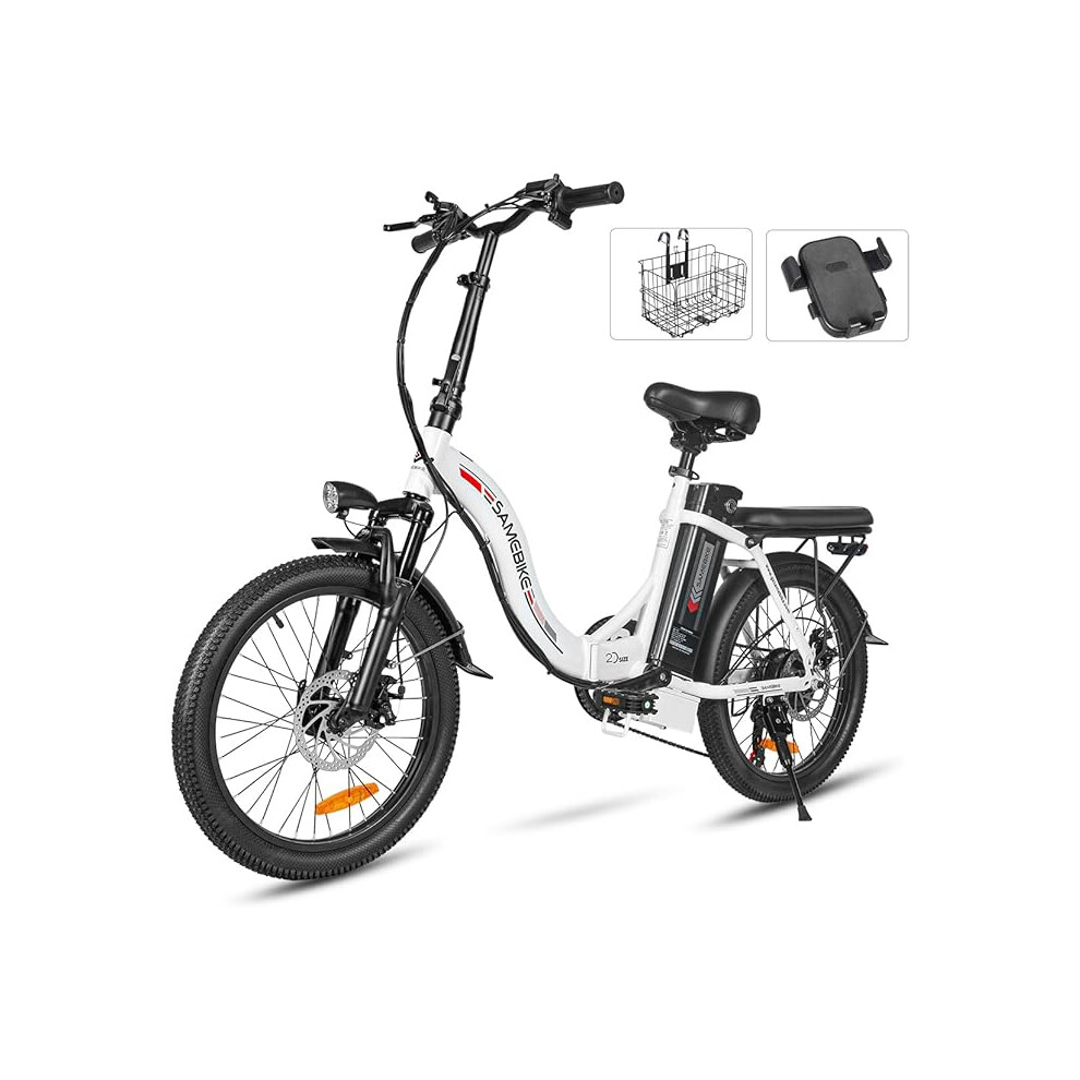 (White) SAMEBIKE Electric Bike CY20 For Adults, 36V 12AH Battery, City Commuting Motor Ebike Electric Bicycle 20 inches with Basket, Phone Holder, 7 S