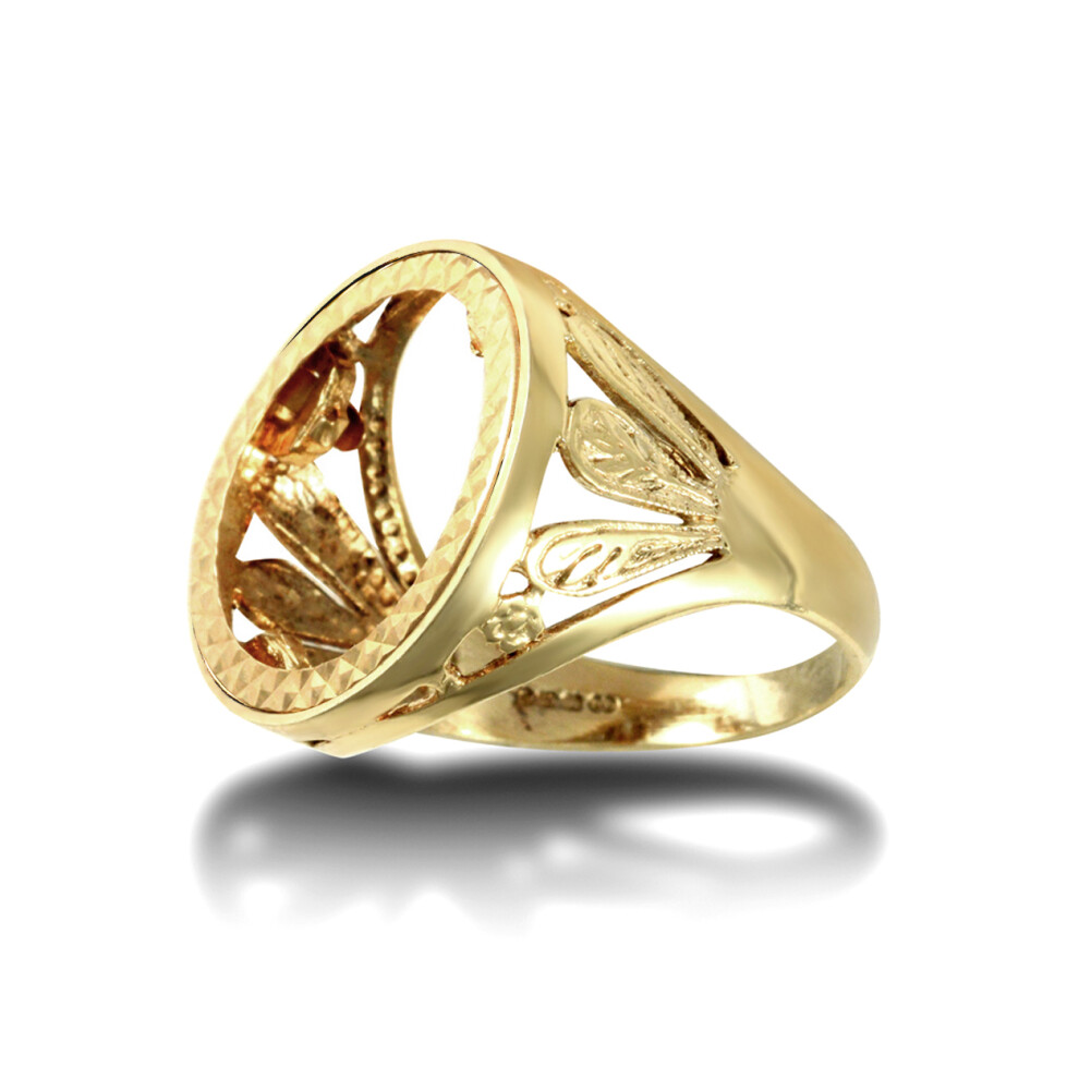 (L) Jewelco London Men's Solid 9ct Yellow Gold Welsh Feather Half Sovereign Mount Ring - JRN174-H