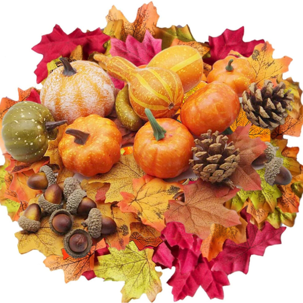 120Pcs Artificial Pumpkins Autumn Decorations Set,Autumn Home Decor Artificial Fall Leaves,Pine Cones,Gourds Pumpkin Acorns Thanksgiving Halloween