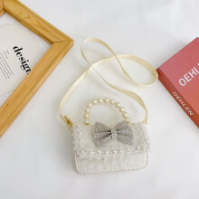 (Horizontal White) Chic Playful And Mini Handbag For Little Girls With Elegant Bowknot And Pearl Embellishments