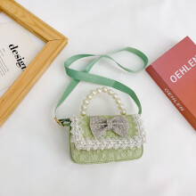 (Horizontal Green) Chic Playful And Mini Handbag For Little Girls With Elegant Bowknot And Pearl Embellishments