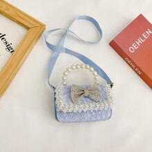 (Horizontal Blue) Chic Playful And Mini Handbag For Little Girls With Elegant Bowknot And Pearl Embellishments