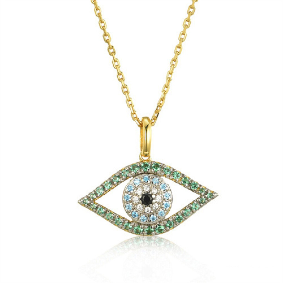 Jewelco London 14k Gold-plated Silver Green Blue Black Round Brilliant CZ Anti Evil Eye Pendant Necklace - ANC081