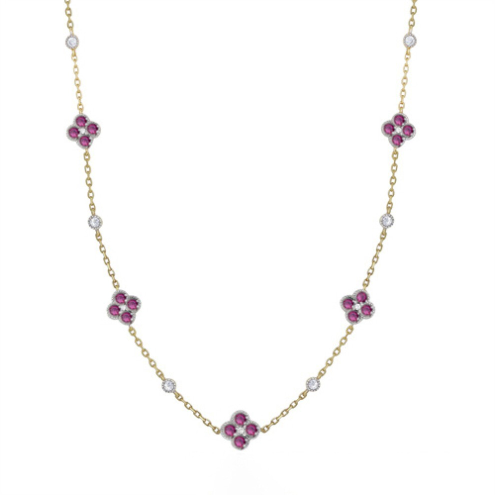 Jewelco London 14k Gold-plated Silver Red CZ Alternating Clover Cluster Solitaire Station Necklace - ANC073R